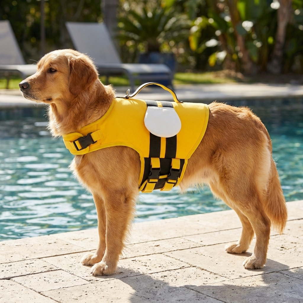 L'Abeille portée par un chien au bord de la piscine